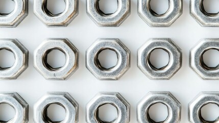 Close-Up View of Metal Hex Nuts Arranged in a Grid Pattern
