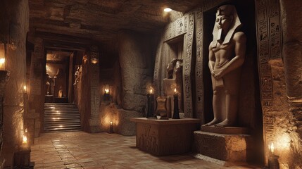 Ancient Egyptian tomb interior with statues, candles, and hieroglyphs.
