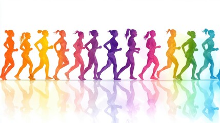 Dynamic Illustration of Colorful Female Silhouettes in Motion, Depicting the Progression of Running in a Vibrant Rainbow Spectrum Against a Bright Background