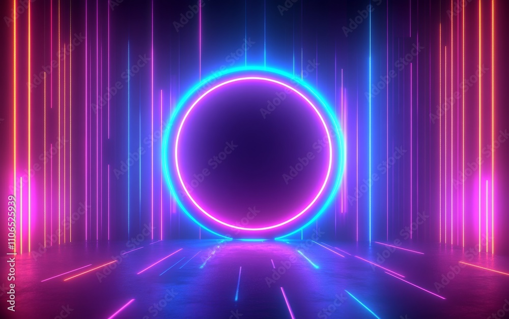 Poster Neon Glowing Circular Frame in Cyberpunk Virtual Space with Abstract Geometric Background