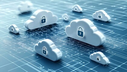 Secure Cloud Storage Network Diagram with Padlocks on Light Blue Background