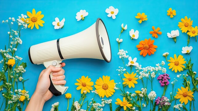 Hand Holding Megaphone Surrounded by Colorful Spring Flowers