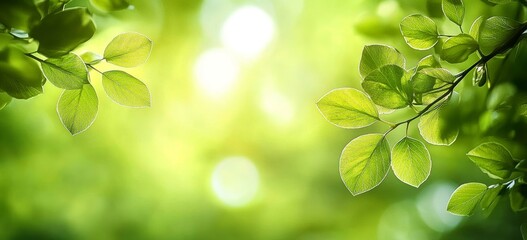 Fresh Green Leaves Soft Focus Background with Sunlight and Delicate Veins in Nature