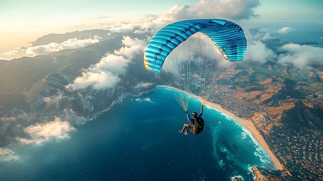Skydiving adventure over pristine coastline aerial photography natural landscape vibrant ocean scene breathtaking viewpoint