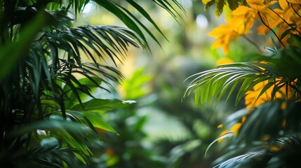 Obraz premium Lush green tropical foliage with a splash of yellow.