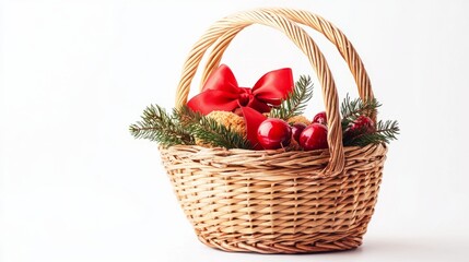 Festive Christmas Basket with Ornaments and Ribbon