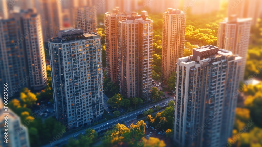 Poster aerial view of high-rise residential buildings surrounded by lush green trees during sunset. the war