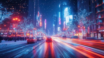 Fototapeta premium Snowy Cityscape at Night with Blurry Lights