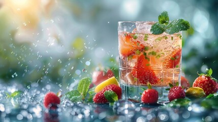 A refreshing strawberry cocktail garnished with mint, surrounded by fresh fruits and droplets.