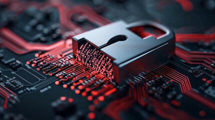 A metallic padlock integrated into a red circuit board with glowing binary code, illustrating advanced cybersecurity, data encryption, and digital protection in a high-tech environment.