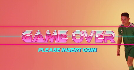 Game over and please insert coin image over man running on gradient background