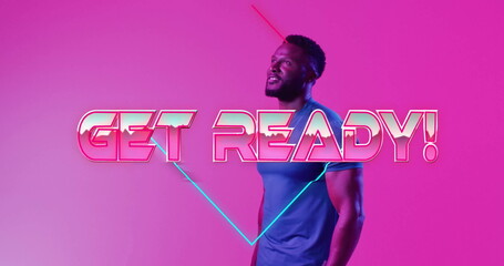 Get Ready text image over person holding tennis racket in neon pink background