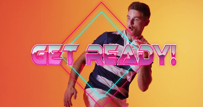 Get ready text image over man dancing against orange background