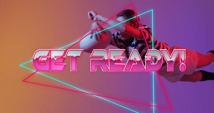 Get ready text image over person dancing with neon geometric shapes