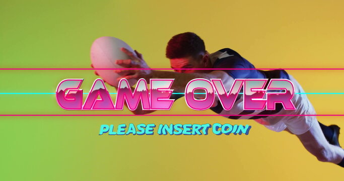 Game over please insert coin image over man in colorful background