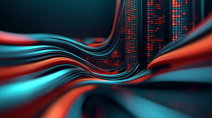 A futuristic landscape of vibrant red and blue flowing data streams interwoven with glowing digital structures, representing advanced artificial intelligence and high-tech innovation.