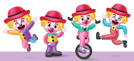Clowns birthday characters clipart set. Birthday clown character in standing, jumping, bicycle and waving character comedian collection. Vector illustration party buffoon clip art. 
