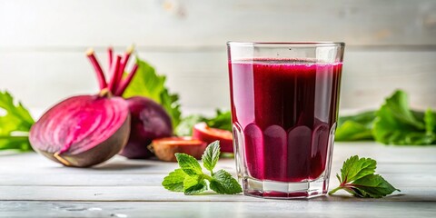 A Refreshing Glass of Vibrant Beet Juice on a White Table, Capturing the Essence of Freshness in Soft Natural Light with Long Exposure Effects