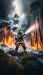 Firefighter Battling a Fierce Forest Fire with Bravery and Resilience