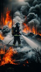 Fototapeta premium Firefighter Battling a Fierce Forest Fire with Bravery and Resilience