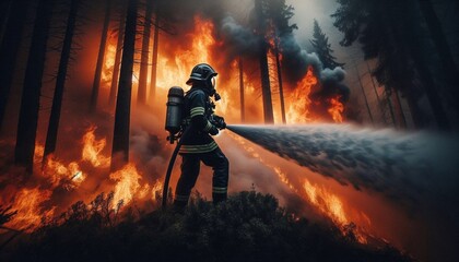 Fototapeta premium Firefighter Battling a Fierce Forest Fire with Bravery and Resilience