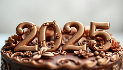 "A close-up shot of a Nutella cake with the number 2025 on top, symbolizing New Year celebrations. This image captures the festive spirit and is ideal for holiday-related projects, food-related cont