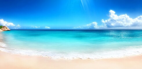 Obraz premium Tropical Beach Paradise with Vibrant Turquoise Water and White Sandy Shore Under Sunlit Sky