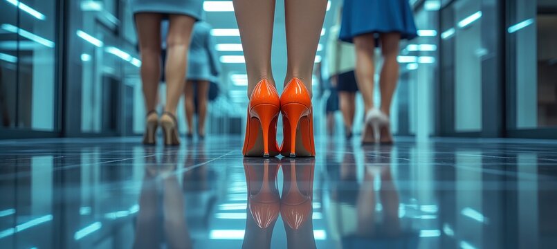 Women in High Heels Walking in a Hallway