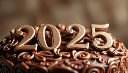 "A close-up shot of a chocolate cake with the number 2025 on top, symbolizing New Year celebrations. This image captures the festive spirit and is ideal for holiday-related projects, food-related cont