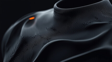 Detailed close-up of a sleek sports shirt featuring advanced mesh-like fabric and a small embedded glowing orange element, highlighting innovation in smart wearable technology.