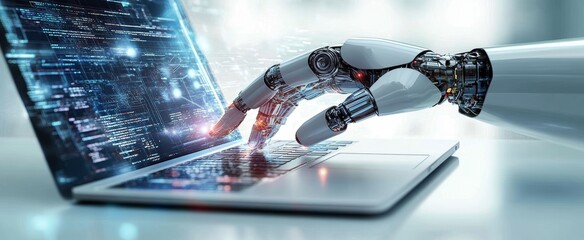 Artificial Intelligence Robotic Hand Interacting with Digital Interfaces on Laptop Future Technology Data Exchange Machine Learning Innovation