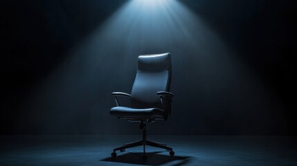 A lone office chair in the spotlight.