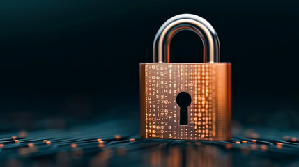 A golden padlock with a binary code overlay on its surface, representing cybersecurity, encryption, and data protection in a sleek, modern technological setting.