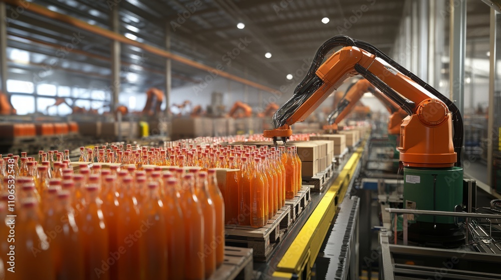 Poster in a high-tech juice production facility, robotic arms work swiftly to fill, cap, and package bottle