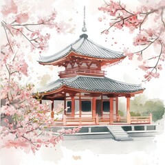 Fototapeta premium Serene Traditional Pagoda Surrounded by Cherry Blossom Trees