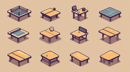 Vector Illustration of Various Indoor Sports Tables Including Tennis, Ping Pong, Foosball, and Multi-Functional Designs on a Simple Background