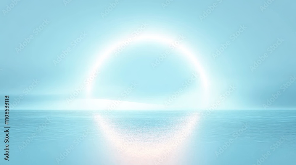 Poster Minimalist serene abstract background with bright glowing circular light source and smooth reflective surface
