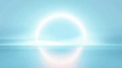 Minimalist serene abstract background with bright glowing circular light source and smooth reflective surface
