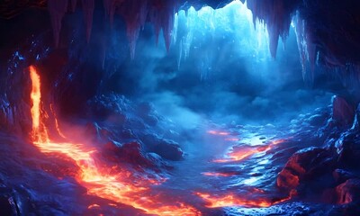 A dark cavern with flowing lava and icy formations, lit by an ethereal blue glow. - Powered by Adobe