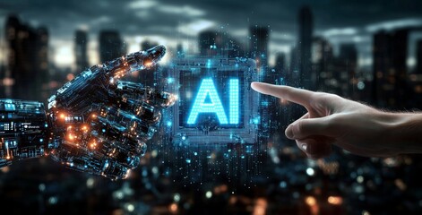 Futuristic Robotic and Human Hands Interacting with AI Hologram