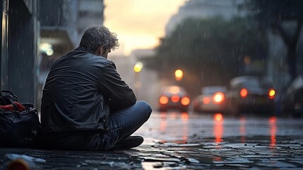 Homeless Man Reflecting on Economic Hardship Housing Crisis and Inflation in Urban Street Setting
