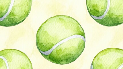 Vibrant Watercolor Illustration of Tennis Balls on a Soft Yellow Background, Perfect for Sports-Themed Designs, Invitations, and Creative Projects