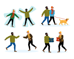 Joyful winter activities with friends in a snowy park
