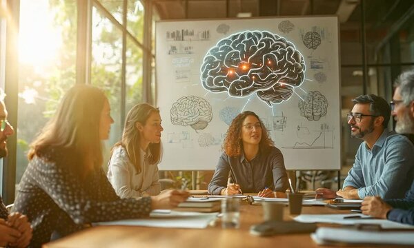 A diverse team of professionals gather around a whiteboard with a glowing brain illustration, representing innovative ideas and teamwork.