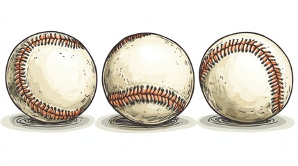 Illustrative Artwork Featuring Three Classic Baseballs with Detailed Stitching and Textured Surface, Ideal for Sports Themes and Baseball Enthusiasts
