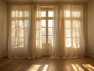 Warm Sunlight Streams Through Sheer Curtains in a Cozy Room