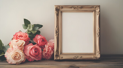 una mesa de madera con un porta retrato o marco vacio estilo vintage con un ramo de flores elegantes en color rosa concepto romantico y romance