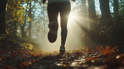 Athlete woman running trough the forest with sunlight ahead
