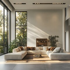  Minimalist home interior design of spacious modern living room with a sectional sofa and large windows. 