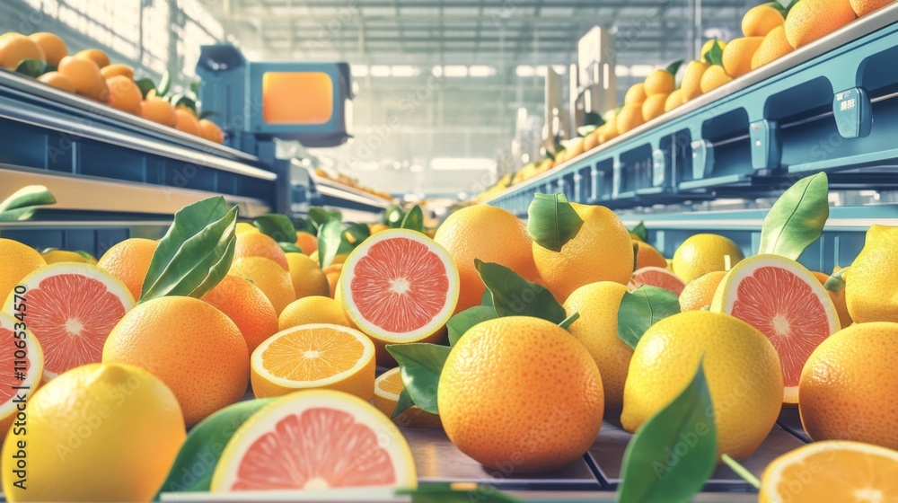 Leinwandbilder bright oranges and grapefruits fill the sorting area of a bustling fruit processing center. workers 